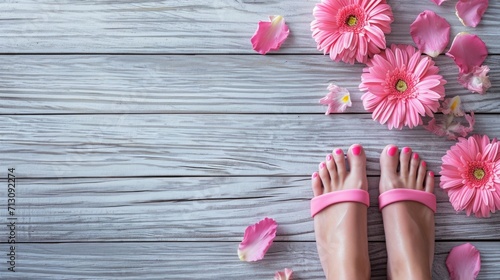 Woman's feet adorned with pink nail polish and surrounded by delicate pink flowers. Ideal for beauty, fashion, or wellness concepts