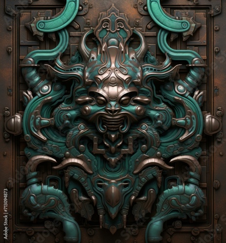 A stunning bronzed copper relief with verdigris accents, showcasing the patina of aged metal. Generative AI.