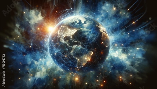 Abstract illustration, of planet Earth lit by internet communication lines and artificial lighting