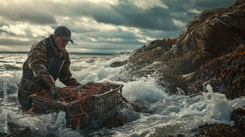 A visually dynamic shot of a lobster fisherman at work on a rocky coastal shoreline, waist-deep in the water, carefully checking lobster traps, with waves crashing around him, conv