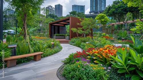 A winding path leads through a tranquil urban garden oasis, surrounded by vibrant flowers and lush plants, with a gazebo structure in the background.