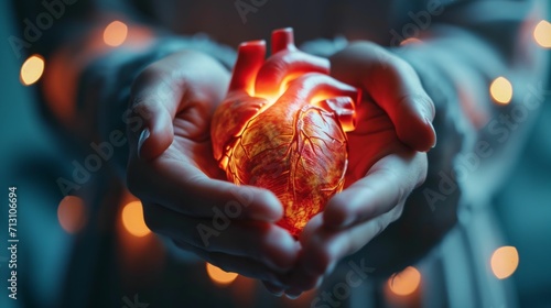 A pair of hands gently cradle a luminous human heart, embodying the essence of cardiac care, health, and the forefront of medical technology