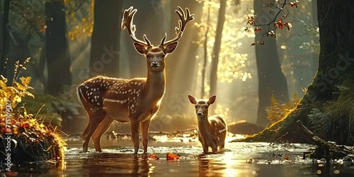 Nature wildlife scene with majestic brown deer in forest wild animals portrait in wilderness beautiful male stag with antlers standing alert in autumn landscape among pine trees and grass