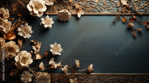 a black background with gold and blue flowers and leaves and a ladybug sitting on top of one of the flowers and a ladybug sitting on the other side of the flowers. Islamic Background and wallpaper