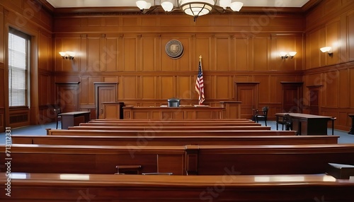 Empty American Style Courtroom. Supreme Court of Law and Justice Trial Stand. Courthouse Before Civil Case Hearing Starts. Grand Wooden Interior with Judge's Bench, Defendant's and Plaintiff's Tables.