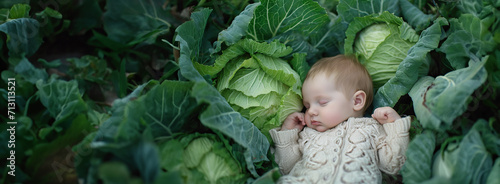 cute little newborn baby sleep in cabbage garden