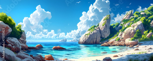 Landscape with beautiful beach on an island. Summer holidays illustration. 