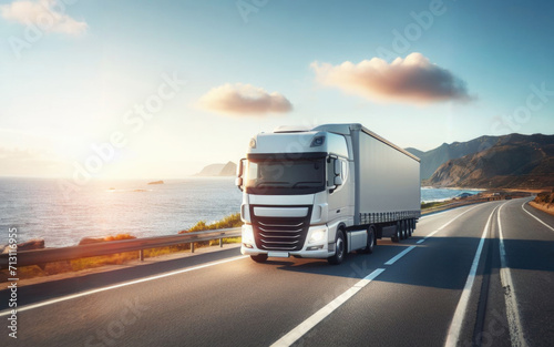 White truck driving on the highway winding through forested landscape at sunrise