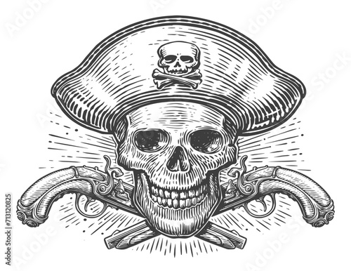 Pirate Skull in cocked hat and crossed flintlock pistols. Jolly Roger with guns. Hand drawn vintage vector illustration