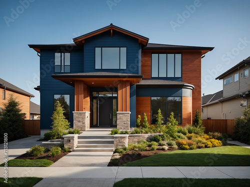 The typical exterior appearance of a freshly constructed contemporary suburban residence is set against a vibrant blue sky.