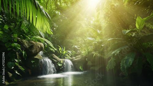 Lagoa na floresta com cachoeira e plantas tropicais sobre a luz do sol 