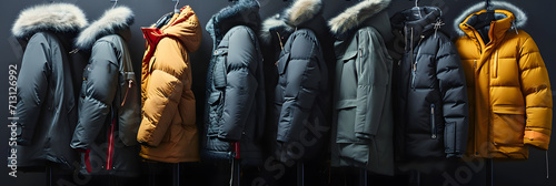 A row of winter coats and jackets in different sizes. created with technology