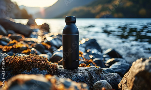 Matte Black Reusable Thermo Water Bottle on a Rocky Shore, Sustainable Drinkware in an Outdoor Lake Setting, Eco-Friendly Concept