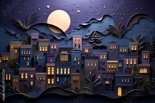 Paper quilling City night Landscape, purple Town Scene, Paper Art, Wallpaper Background, AI generated