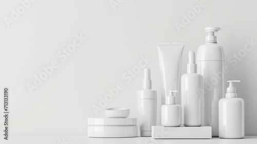 White cosmetic bottles isolated on white background, 3d render