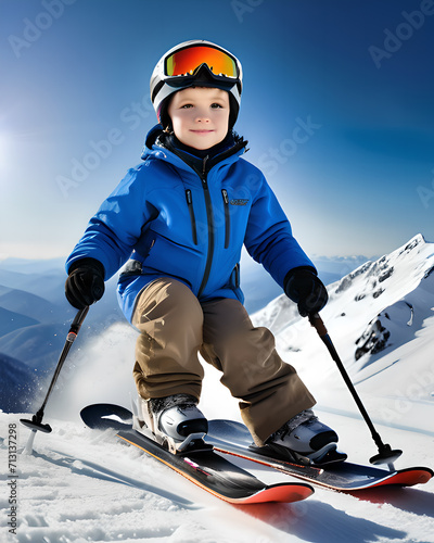 Mały chłopiec jeżdżący na nartach