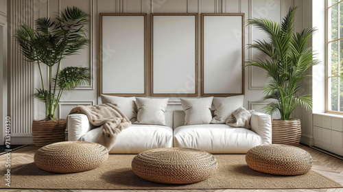 espace de vie moderne et confortable : canapé sectionnel blanc avec coussins orange-brun. table basse ronde en bois sur tapis texturé. fauteuil en bois tissé, plante d'intérieur. lumière naturelle