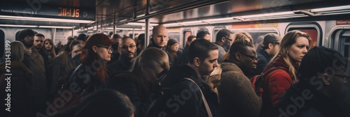 People patiently awaiting their New York metro subway train. A crowded train station with commuters.