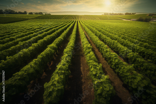 Green field with rows of vines for harvesting. Ripe grapes for the production of fine wines.