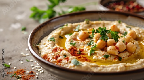 Traditional Classic Hummus on a plate. Food photography. Proper nutrition