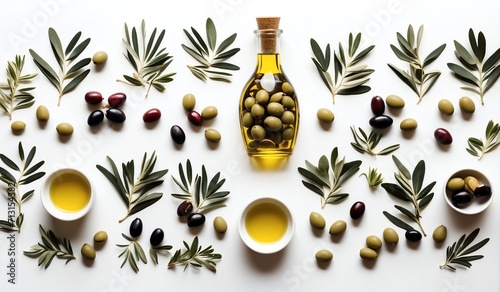 Olive oil with olives on the white background