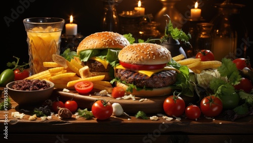 Indulge in a mouth-watering american meal of juicy burgers, crispy fries, and fresh produce, served on a rustic wooden board with a side of warm bread and a flickering candle for a cozy indoor dining