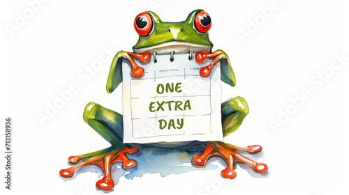 Leap day, one extra day, Leap year 29 February 2024 watercolor illustration. Cute Green Frog with calendar and text One Extra Day.