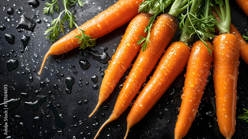 Fresh carrots with water drops on dark background