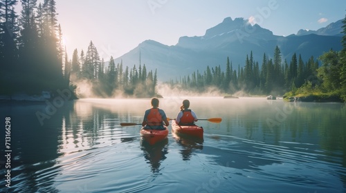 woman and man, couple kayaking on a serene lake