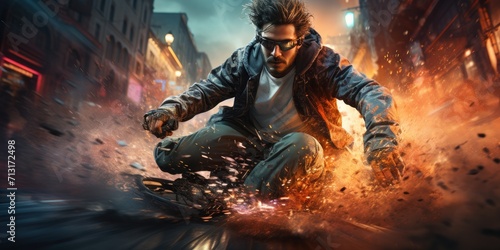 Amidst the chaos of sparks and adrenaline, a determined man fights for survival in this electrifying action-adventure game, captured in stunning digital compositing and showcasing his rugged clothing