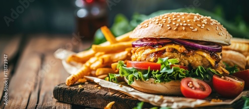 Crispy chicken burger with cheese and french fries on wooden table Copy space. Copy space image. Place for adding text