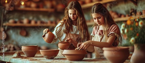 girls and mother teen potter clay bowl working in pottery workshop traditional Arts The inscription on the pottery table. Copy space image. Place for adding text