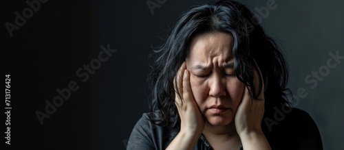 Sad fat woman feeling tired and depressed while resting on the sofa Stressed overweight woman suffering from a headache. Copy space image. Place for adding text