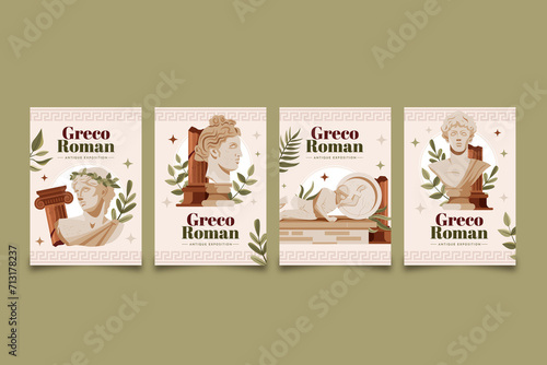Hand drawn flat greco roman cards collection with antique greek busts and leaves