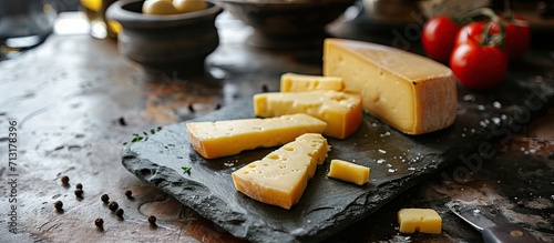 slices of raclette cheese on a slate. Copy space image. Place for adding text