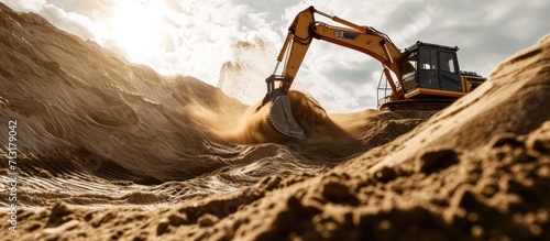 excavator working on sand dunes. Copy space image. Place for adding text