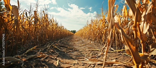Dry maize field after a long drought period. Copy space image. Place for adding text