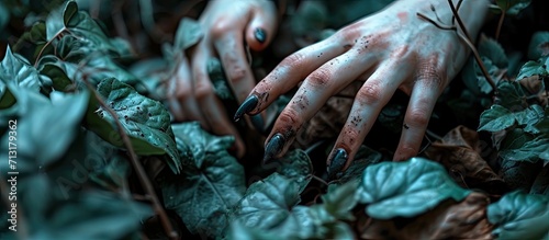 Horror and Halloween theme Terrible zombie hands dirty with black nails reach to the green leaves the walking dead apocalypse first person view. Copy space image. Place for adding text