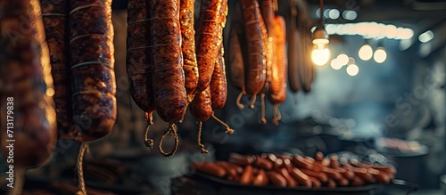 Rroduction of sausage products Sausages in the factory storage Dried sausage hanging on a rope on a metal frame in the smoke house Sucuk sausage. Copy space image. Place for adding text