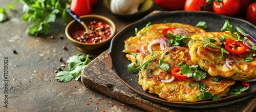 Besan chilla or chickpea pancakes Protein rich savory pancakes made of besan flour or chickpea flour with onions tomato green chili and coriander leaves Top view shot on white backdrop