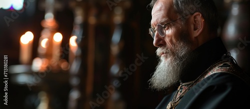 priest with orthodox cross On baptism in the Orthodox Church Christian faith and traditions. Copy space image. Place for adding text
