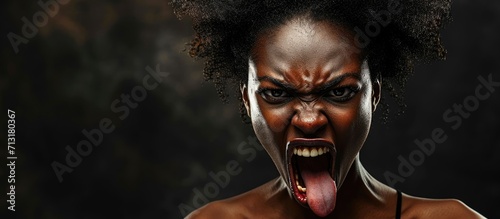 black pretty woman feeling disgusted and irritated and tongue out. Copy space image. Place for adding text