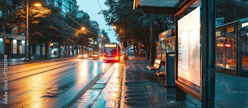 A blank advertising billboard placeholder template on the city street an empty mock up of an outdoor poster on a paved tram stop a white vertical mockup of an urban banner on the bus stop