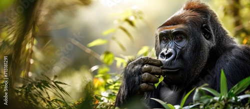 gorilla eating some grass. Copy space image. Place for adding text