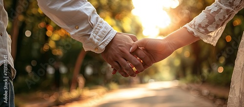 Closeup view of married couple holding hands. Copy space image. Place for adding text