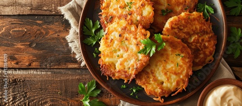 Potato Cakes Vegetable fritters latkes hash browns Vegetable pancakes. Copy space image. Place for adding text