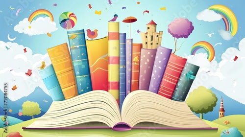 Rainbow composition of Books with the land of imagination, a castle and a rainbow