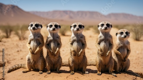 A group of meerkats standing upright, keeping water over the vast African desert