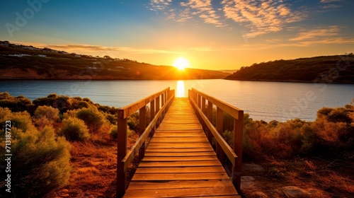 Empty wooden walkway on the ocean coast in the sunset time, pathway to beach
