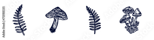 Handmade blockprint mushroom fern vector motif clipart set in folkart scandi style. Simple monochrome linocut fungi shapes with naive rural lineart collection